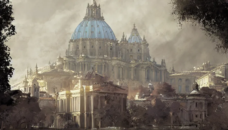 Image similar to craig mullins digital illustration of vatican city in 1 4 9 2, strong contrast, sunny morning, raking light, unreal engine, hyper realism, realistic shading, cinematic composition, realistic render, octane render, detailed textures, photorealistic, wide shot