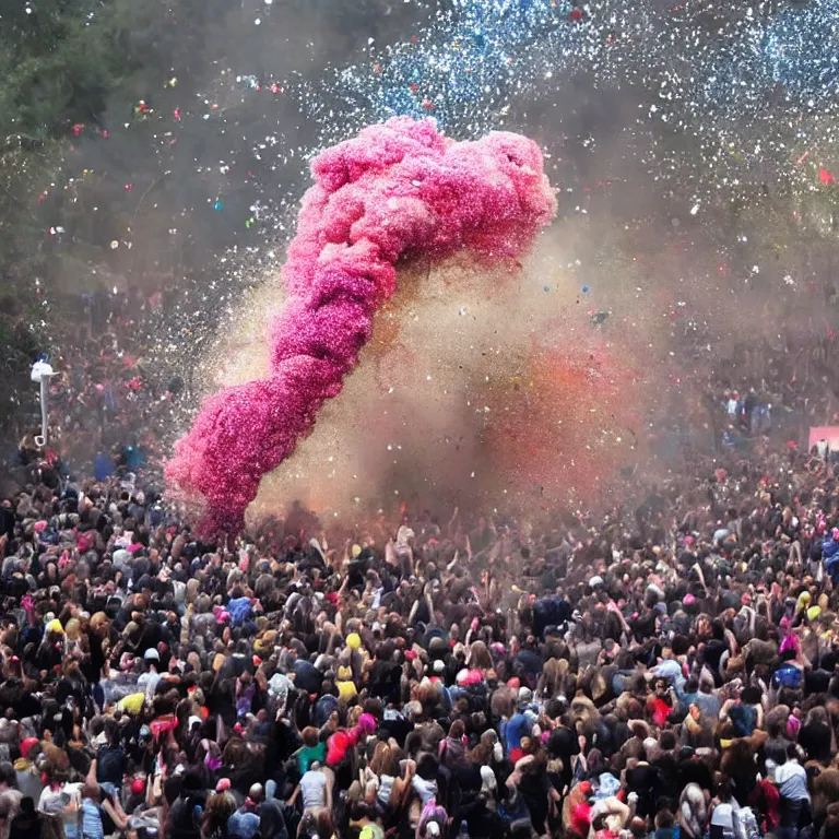 Image similar to huge explosion with mushroom cloud, glitter bomb, paint splatters, crowd of people get covered in paint and glitter