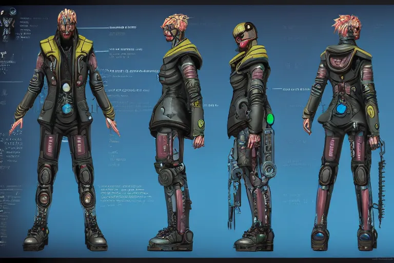 Image similar to Cyberpunk god, artstation character reference sheet