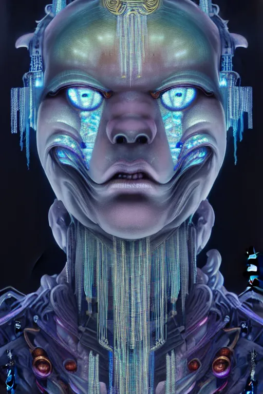 Image similar to asura from chinese myth, ghost, gorgeous and huge head ornaments, dystopian, cyberpunk, organic fractal mycelum and fungi, mecha, halfturn portrait of a big crystal face made of crystals half - turn, ominous, intricate, studio, art by anthony macbain + greg rutkowski + alphonse mucha, concept art, 4 k, sharp focus