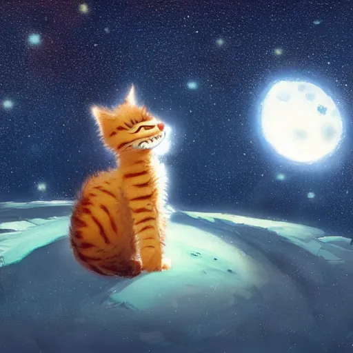 Prompt: A fuzzy little cat sitting on planet earth, space with stars in the background, extra detailed, digital illustration, by Makoto Shinkai and thomas kinkade, digital painting, Matte painting, trending on artstation and unreal engine, in the style of Calvin and Hobbes