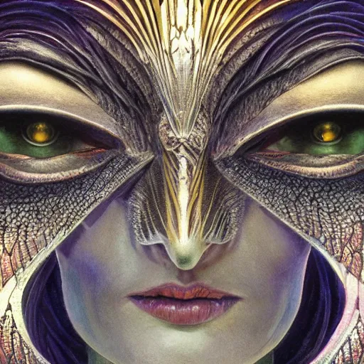 Prompt: beautiful closeup portrait of an art deco witch, glowing eyes. reflective detailed textures, moth wings, highly detailed dark fantasy science fiction painting by michael whelan and diego rivera and annie swynnerton and jean delville, elaborate geometric ornament, ancient runes, silver and cool colors. artstation