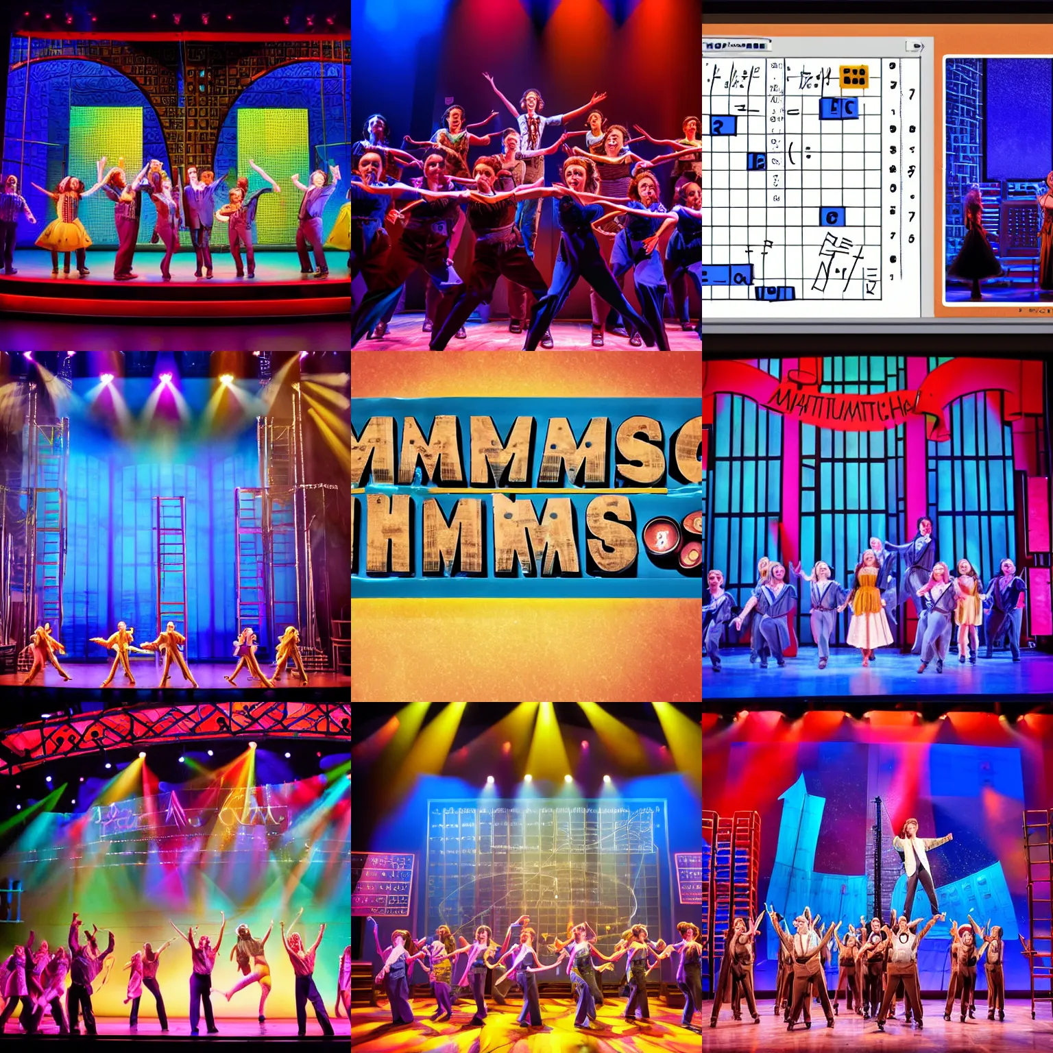 Prompt: mathematics the musical on broadway, full cast, math equations in the background, promotional photo, stage lighting, blue palette