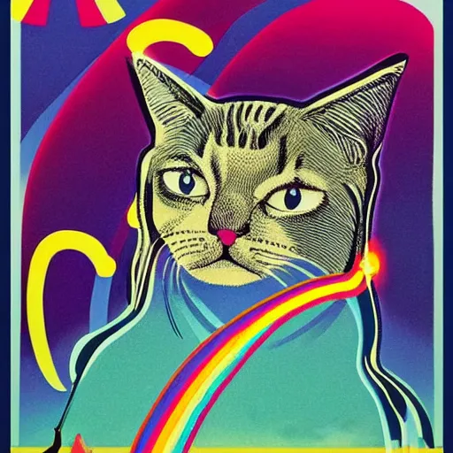 Prompt: 6 0 s hippie poster illustration of a cat made of flowing rainbows by pascal blanche and bonnie mclean and wes wilson, 8 k, artstation