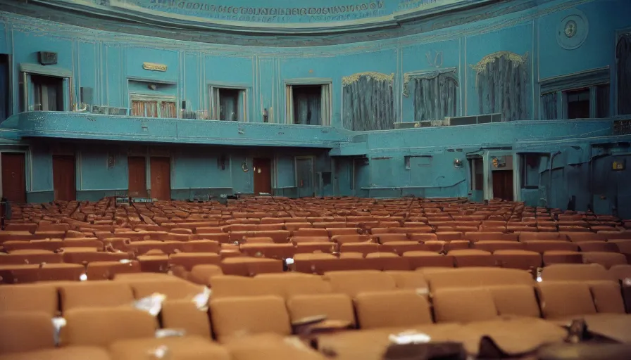 Image similar to 60s movie still of a sovietic stalinist style empty blue palace of congress, cinestill 800t 50mm eastmancolor, liminal Space style, heavy grain-s 150