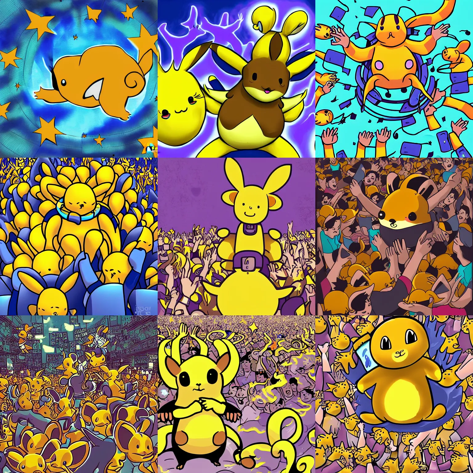 Prompt: crowd surfing raichu against the machine, digital art