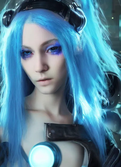 Image similar to beautiful young cyberpunk girl with blue hair, glowing blue eyes, staring menacingly at the cameraau naturel, hyper detailed, digital art, trending in artstation, cinematic lighting, studio quality, smooth render, fluorescent skin, unreal engine 5 rendered, octane rendered, art style by klimt and nixeu and ian sprigger and wlop and krenz cushart