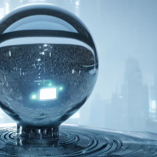 Prompt: photo of a chrome blob in a dystopian future technological singularity cinematic establishing wide shot infinitesimal ultrawide