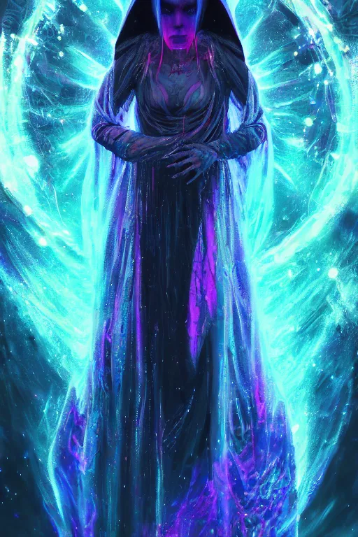 Image similar to a psychedlic full body portrait of a mysterious goddess with a very long hooded cloak made of stars and clouds, by maciej kuciara and jason chan, ominous, cosmic horror, trending on artstation, ultra detailed, hyper realistic 4 k, volumetric light, iridescent,
