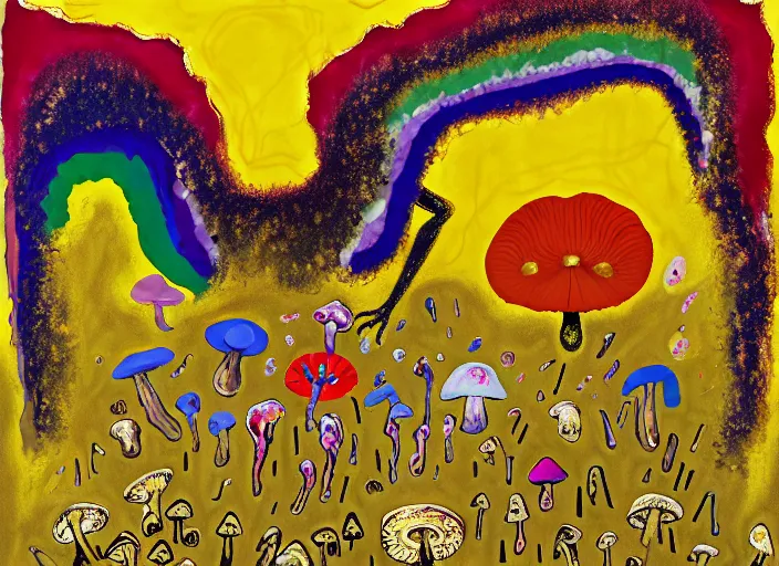 Image similar to expressionistic decollage painting golden armor alien zombie horseman riding on a crystal bone dragon broken rainbow diamond maggot horse in a blossoming meadow full of colorful mushrooms and golden foil toad blobs in a golden sunset, distant forest horizon, painted by Mark Rothko, Helen Frankenthaler, Danny Fox and Hilma af Klint, microsoft paint art, semiabstract, color field painting, byzantine art, jpeg compression artifact, pop art look, naive, outsider art, buff painting. Barnett Newman painting, part by Philip Guston and Frank Stella art by Adrian Ghenie, 8k, extreme detail, intricate detail, masterpiece