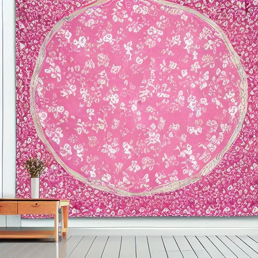 Image similar to A light pink tapestry with a Japanese floral pattern.