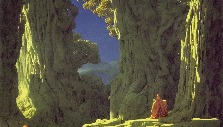 Prompt: Deep in the shady sadness of a vale far sunken from the healthy breath of morn, far from the fiery noon, and eve's one star, sat gray-hair'd Saturn, quiet as a stone, still as the silence round about his lair, matte painting by Maxfield Parrish