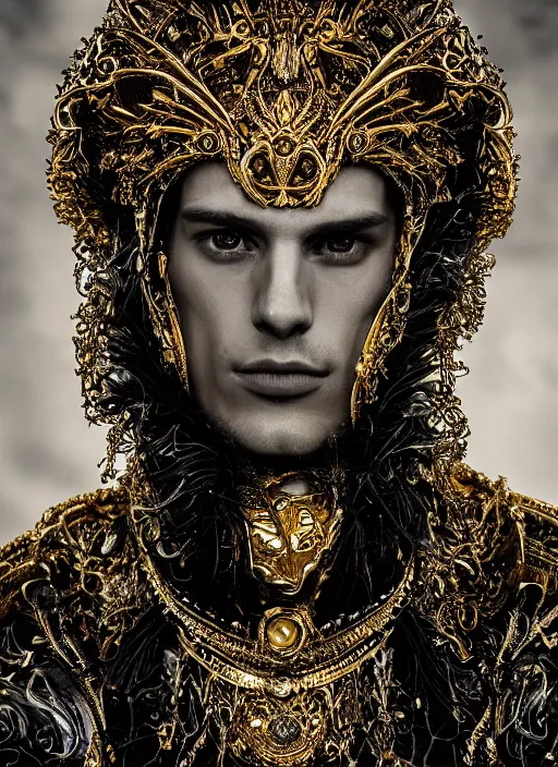 Image similar to a portrait of male model by stefan geselle and nekro borja, photorealistic, intricate details, hyper realistic, fantasy, ornate metal gold headpiece, photorealistic, canon r 3, photography, wide shot, photography, dark beauty, symmetrical features, wide angle shot, whole body, full body shot, standing pose