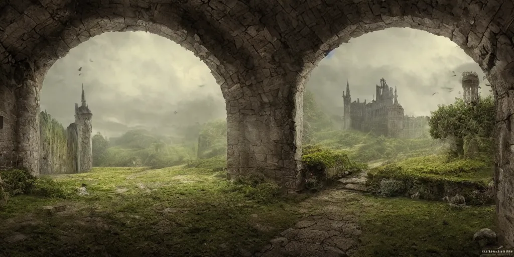 Image similar to matte painting, castle, dramatic landscape, overgrown, cinematic, overcast, interior light, rain, slight fog, mystical