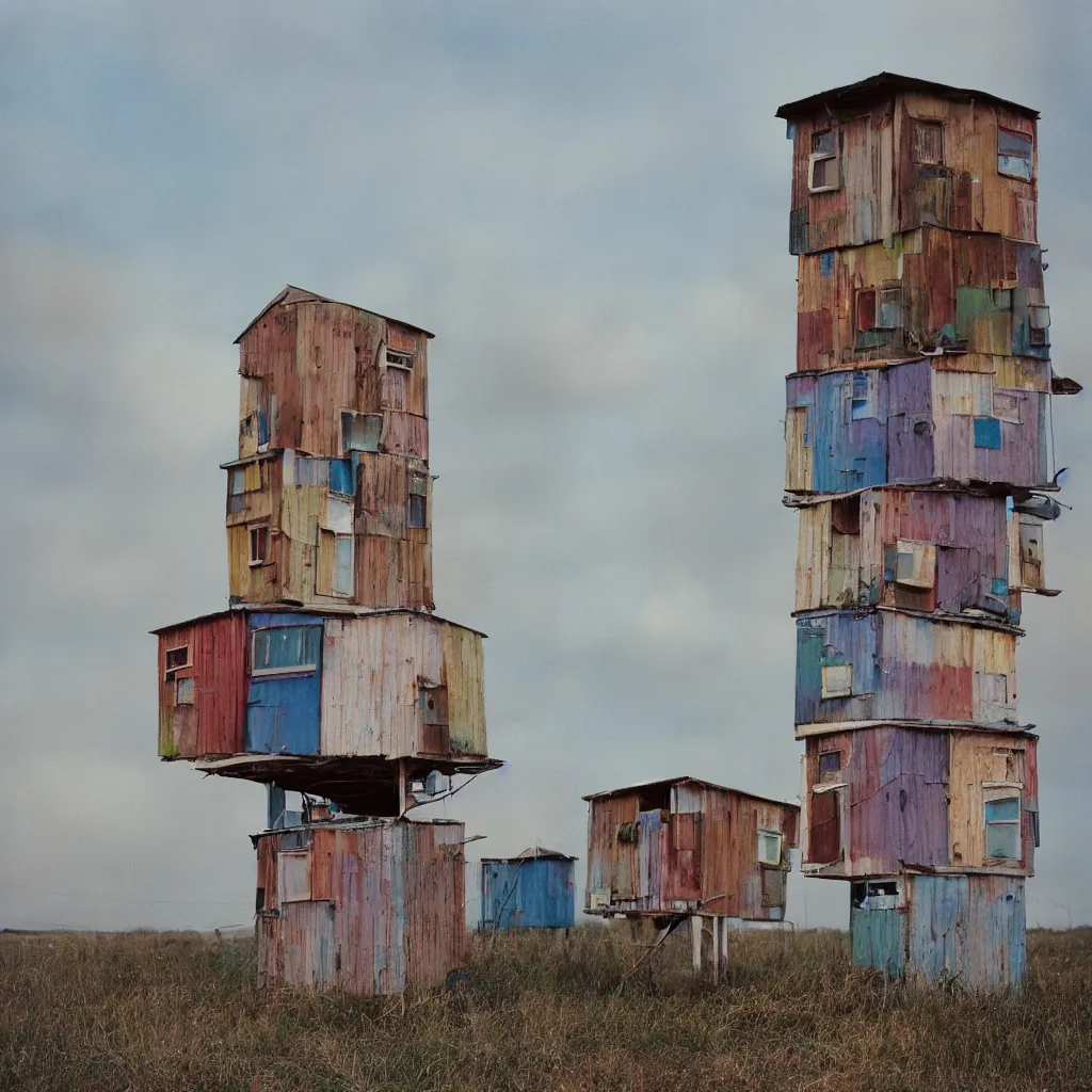 Image similar to two suspended towers made up of colourful makeshift squatter shacks with faded colours, plain uniform sky at the back, soft focus, mamiya rb 6 7, f 1. 8, photographed by uta barth