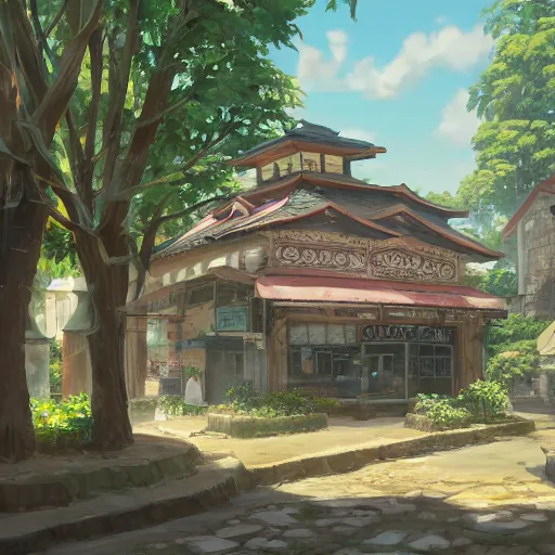 Image similar to concept art painting of a historic bakery with european and japanese architecture, in a woodland village surrounded by trees, realistic, detailed, cel shaded, in the style of makoto shinkai and greg rutkowski and james gurney