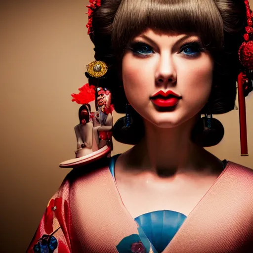 Image similar to hyper detailed, ultra sharp focus photo of taylor swift as a geisha, unreal engine, studio lighting, 8 k, dslr, 8 5 mm f / 1. 8 by sam shaw