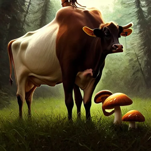 Image similar to long shot photo of a cow with mushrooms sprouting from it's back and top, highly detailed, digital painting, artstation, smooth, sharp focus, illustration, art by artgerm and greg rutkowski and alphonse mucha