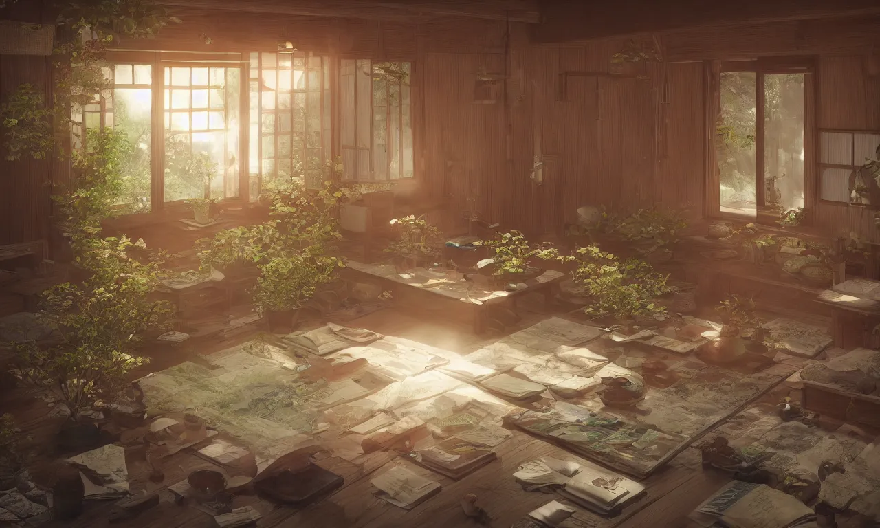 Image similar to interior view of a magical Japanese herbalist cottage, Journal with pens, waxy candles, books, flowers, wood furnishings, light bloom, dust, ambient occlusion, rays of light coming through windows, trending on artstation