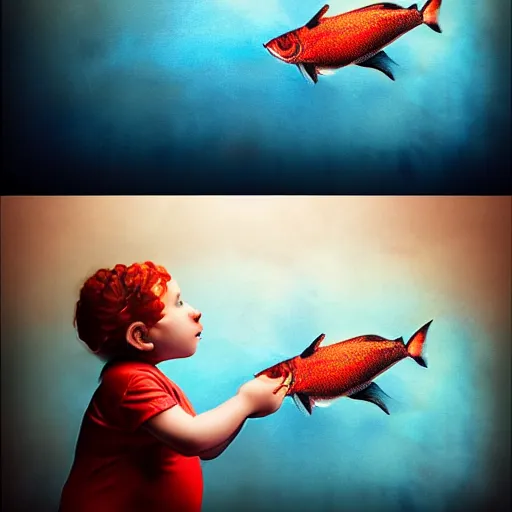 Prompt: the same style. the most beautiful little fat sweet girl is kissing a huge colorful cute fish. modern etching. colored print. hype realistic scene. old photography style. studio lighting. window. 3 d, octane render, deep focus