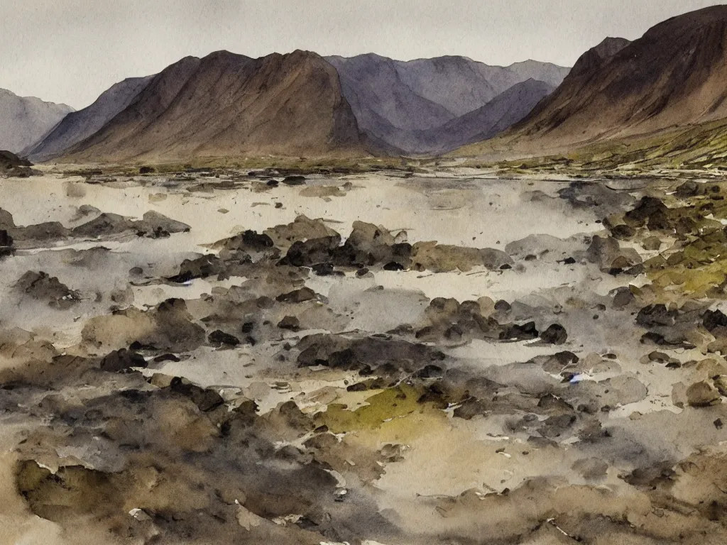 Prompt: wastwater screes in early evening light painted in watercolours and pencil by william heaton cooper and rock textures by julian cooper