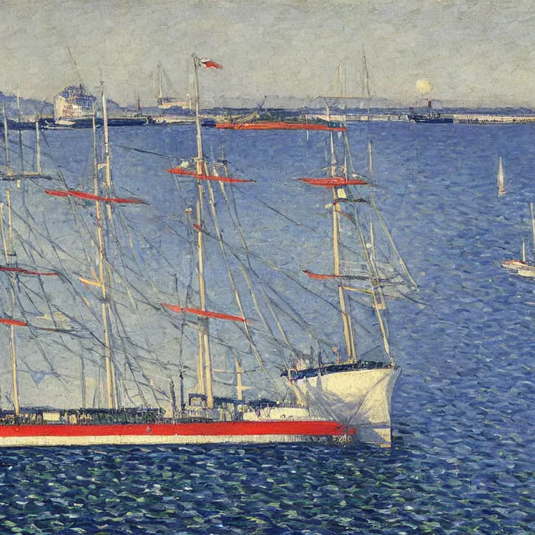 Image similar to a master gouache painting of a big ship docked at the harbor, sharp focus, very detaied, by gustave caillebottet