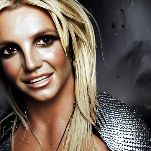 Image similar to professional head shot of britney spears wearing futuristic armor in a foggy and burning ruined white house room full of debris, 8 k, very intricate, very detailed,