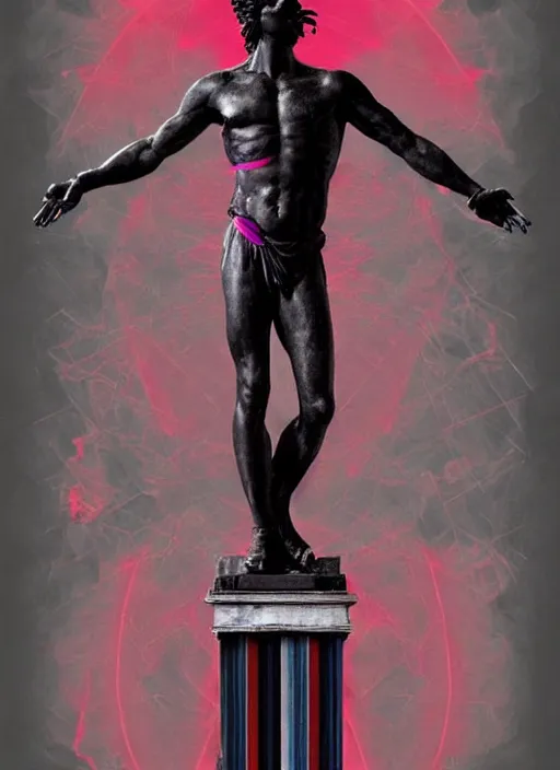 Image similar to elegant dark design poster showing a greco roman statue of apollo, black background with very subtle red and purple design elements, bold, powerful, nekro, vito acconci, thin straight purple lines, dark, glitch art, neo vaporwave, gritty, layout frame, square, trending on artstation