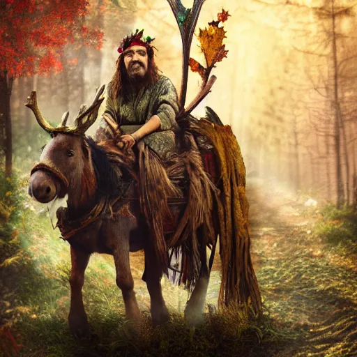 Image similar to hippie tribal hobo wearing twigs and leaves smiling sheepishly, riding tiny scuffy donkey with novelty oversized antlers, autumn forest, highly detailed, dramatic lighting, night time, cinematic, hyperrealistic, detailed, movie still from game of thrones