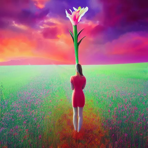 Image similar to giant gladiola flower as head, full body girl standing in a flower field, surreal photography, sunrise, dramatic light, impressionist painting, colorful clouds, digital painting, artstation, simon stalenhag