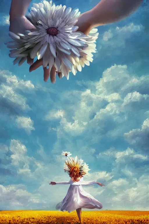 Prompt: giant white daisy flower as head, girl dancing in a flower field, surreal photography, sunrise, dramatic light, impressionist painting, colorful clouds, digital painting, artstation, simon stalenhag