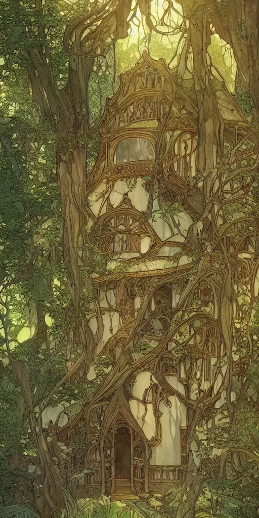 Prompt: an elvish house in the Woods, fantasy, art nouveau, architecture, fungi, daylight, warm light, spring, studio ghibli, Moebius, alphonse mucha, siya oum, ultra detailed, High definition, Sharp