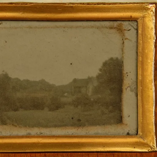 Prompt: landscape photograph from the 1700s, faded, first ever photograph