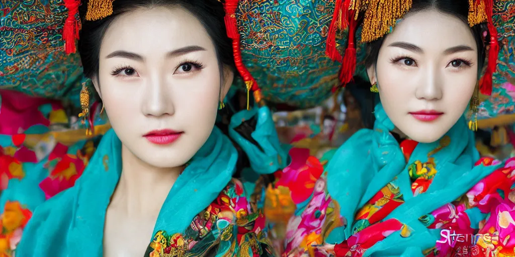 Image similar to photo portrait of chinese actress, beauty in traditional costume in real life by Steve McCurry, colorful, sharpen, 4k, 85mm, award winning, realistic, professional light