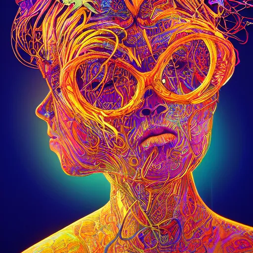 Image similar to the portrait of a ridiculously beautiful and pretty woman partially made of onion rings of all colors looking up, an ultrafine detailed illustration by james jean, final fantasy, intricate linework, bright colors, behance contest winner, vanitas, angular, altermodern, unreal engine 5 highly rendered, global illumination, radiant light, detailed and intricate environment