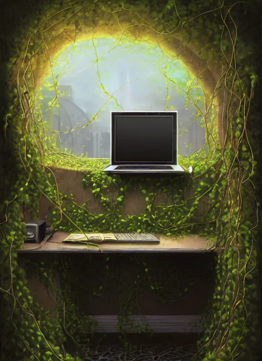 Prompt: an office cubicle with a computer, with vines growing out of everything, gritty horror painting, elegant intricate digital painting artstation concept art by mark brooks and brad kunkle extreme detail 4 k