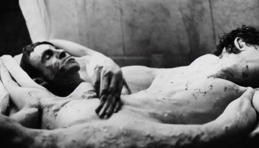 Prompt: movie still of jean - paul marat wounded at the chest, bleeding in the bath, cinestill 8 0 0 t 3 5 mm b & w, high quality, heavy grain, high detail, cinematic composition, dramatic light, anamorphic, ultra wide lens, hyperrealistic, by josef sudek