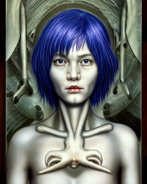 Prompt: rei ayanami, newborn from alien by evelyn de morgan, by hr giger, hd, hyper detailed, 4 k