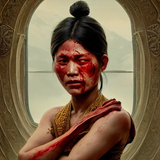 Image similar to portrait painting of a bloodied nepali female butcher, ultra realistic, concept art, intricate details, eerie, highly detailed, photorealistic, octane render, 8 k, unreal engine. art by artgerm and greg rutkowski and alphonse mucha