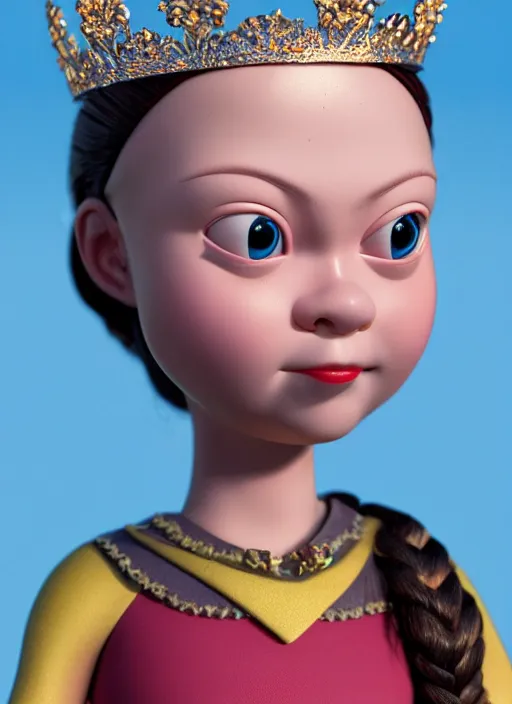 Image similar to closeup face profile portrait of tin toy greta thunberg as a fairytale princess wearing a crown eating cakes, bikini, depth of field, zeiss lens, detailed, symmetrical, centered, fashion photoshoot, by nicoletta ceccoli, mark ryden, lostfish, breathtaking, 8 k resolution, extremely detailed, beautiful, establishing shot, artistic, hyperrealistic, octane render
