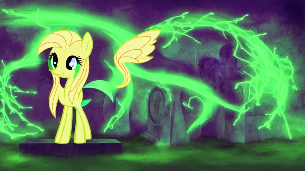 Image similar to 3D Fluttershy from My Little Pony as a necromancer, standing over a tomb stone, bright green swirls coming up it, glowing aura around her, pitch black background, dramatic and colorful lighting, she is surrounded by green chibi glowing skulls, smoke all around, insane special effects, unrealengine, 4k, HDR, unique camera angle, bones lying on the ground