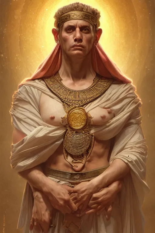 Image similar to ancient rome emperor, realistic portrait full body, symmetrical, highly detailed, digital painting, artstation, concept art, smooth, sharp focus, illustration, cinematic lighting, art by artgerm and greg rutkowski and alphonse mucha