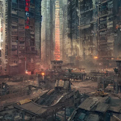 Prompt: photograph of a dystopian city, cyberpunk style, inspired by kowloon walled city, render, octane render, unreal engine, 4 k, dramatic composition