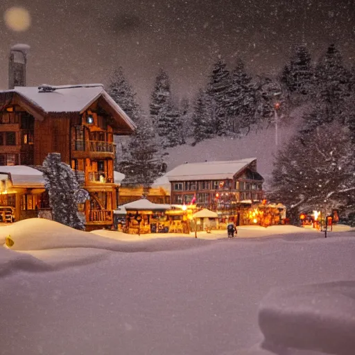 Prompt: cozy winter night at a ski resort, tilt - shift photography, highly detailed snow, low light, illuminated by street lights