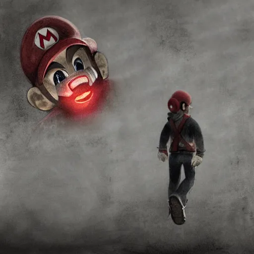 Image similar to concept art of mario from super mario bros lost in silent hill, resident evil, horror, occult, terror, mist, volumetric render, digital painting, detailed painting