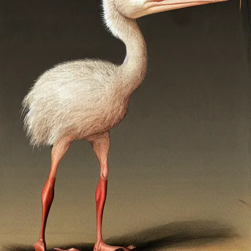 Image similar to an ostrich with muscular human arms.