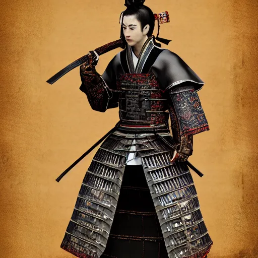 Image similar to Full body profile of Male Victorian Gothic Samurai Genshin Impact character, hd, intricate,8k, digital art