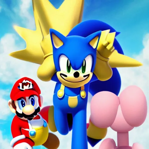 Image similar to super mario, kirby, sonic the hedgehog, super smash bros, star wars themed movie poster high detail accurate eyes and good gesture poses, pokemon anime cartoon style