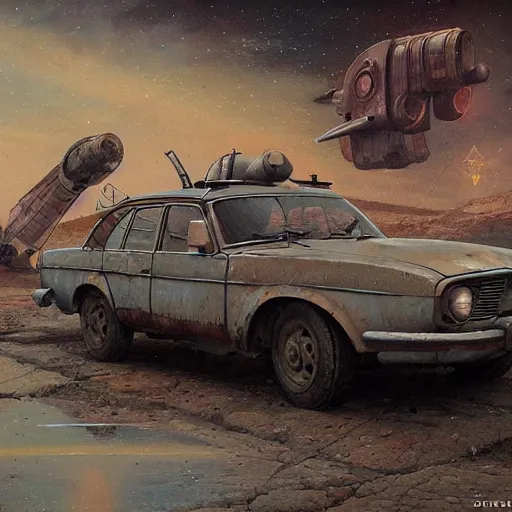 Image similar to vintage, old, rusty, ussr, soviet car, iz 2 1 2 5!!!, as a realistic scifi spaceship!!!, wide angle shot art by donato giancola and greg rutkowski, vintage retro scifi, realistic space, digital art, trending on artstation, symmetry!!!