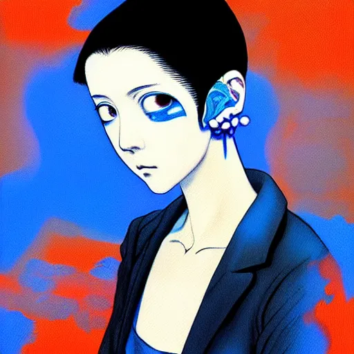 Image similar to blue and white color palette, yoshitaka amano blurred and dreamy realistic three quarter angle horror portrait of a sinister young woman with short hair, big earrings and red eyes wearing office suit with tie, junji ito abstract patterns in the background, satoshi kon anime, noisy film grain effect, highly detailed, renaissance oil painting, weird portrait angle, blurred lost edges